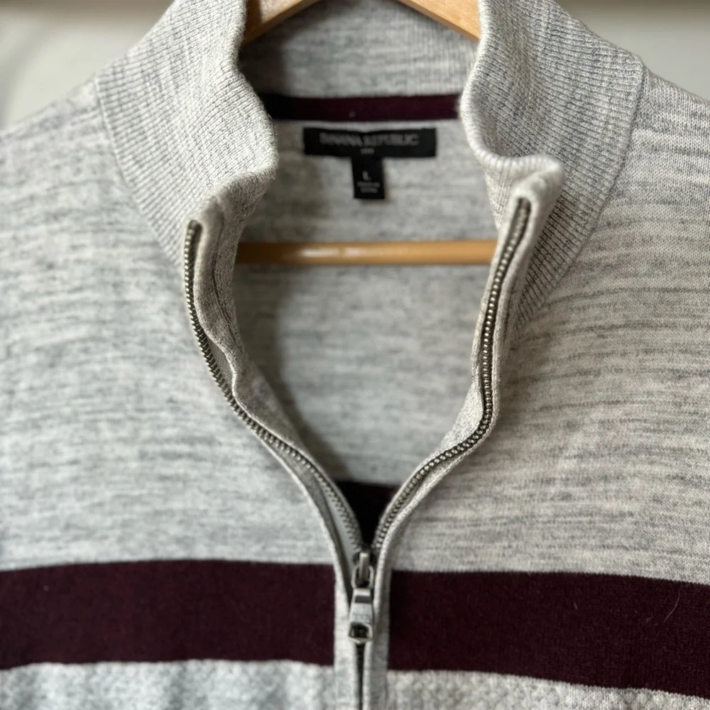 Banana Republic Light Gray Burgundy Stripe Full Zip Cardigan Size Large